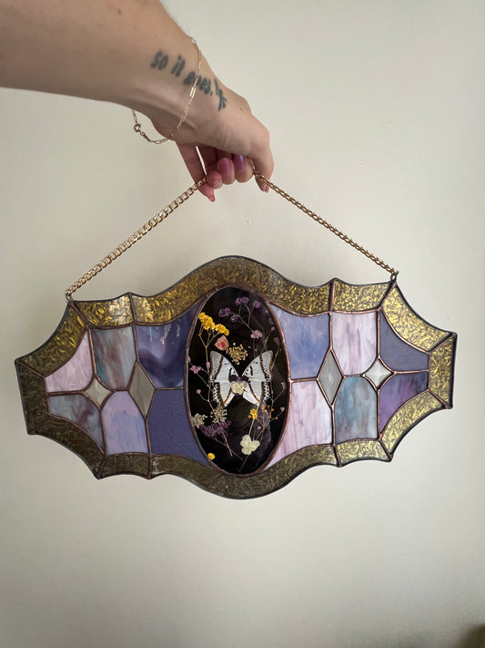 Victorian Mouring Stained Glass Art Panel with Pressed Flowers and Butterfly Wings