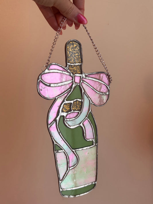 Stained Glass Champagne Bottle with Pink Bow and Ribbon Sun Catcher