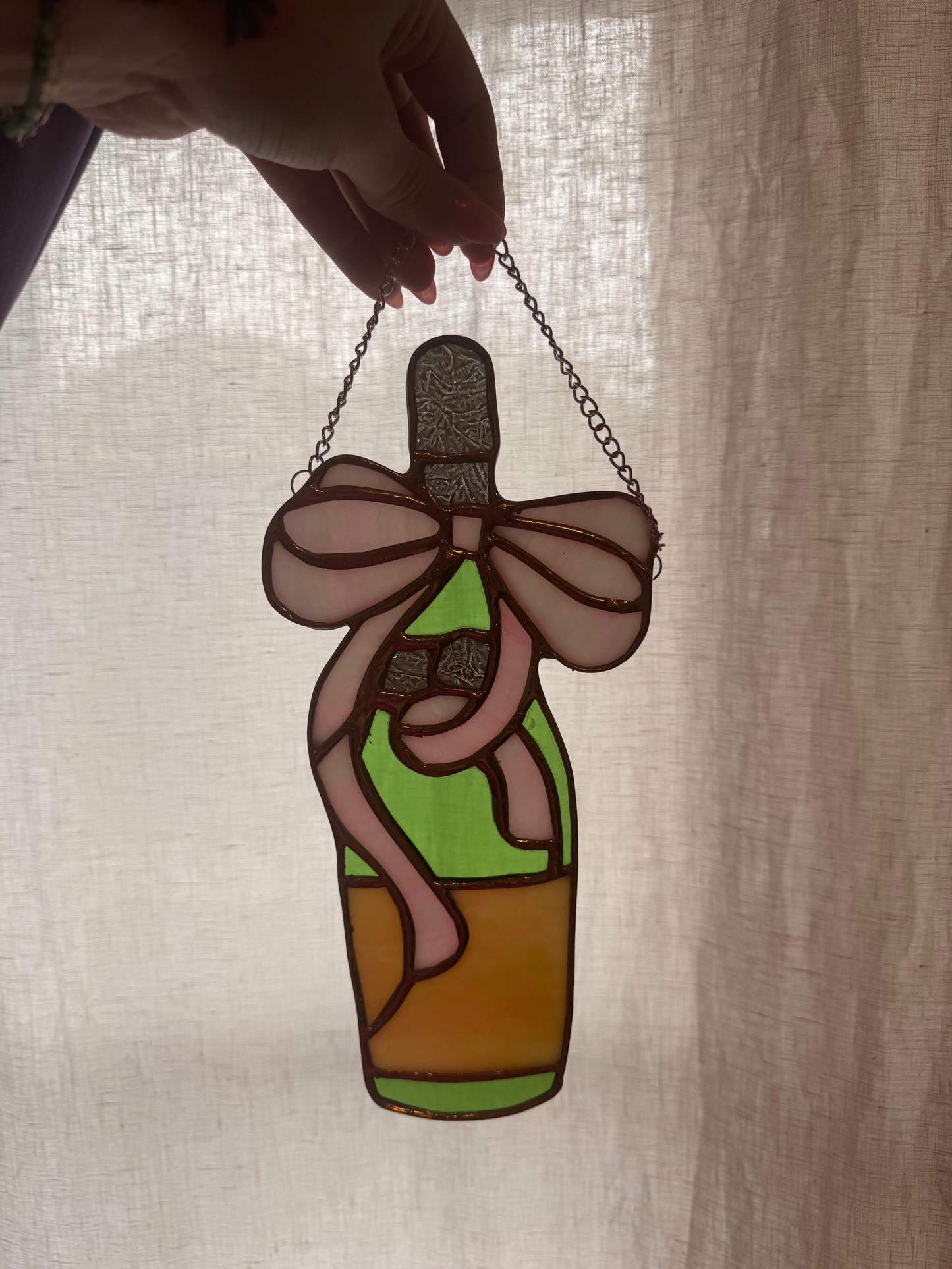 Stained Glass Champagne Bottle with Pink Bow and Ribbon Sun Catcher