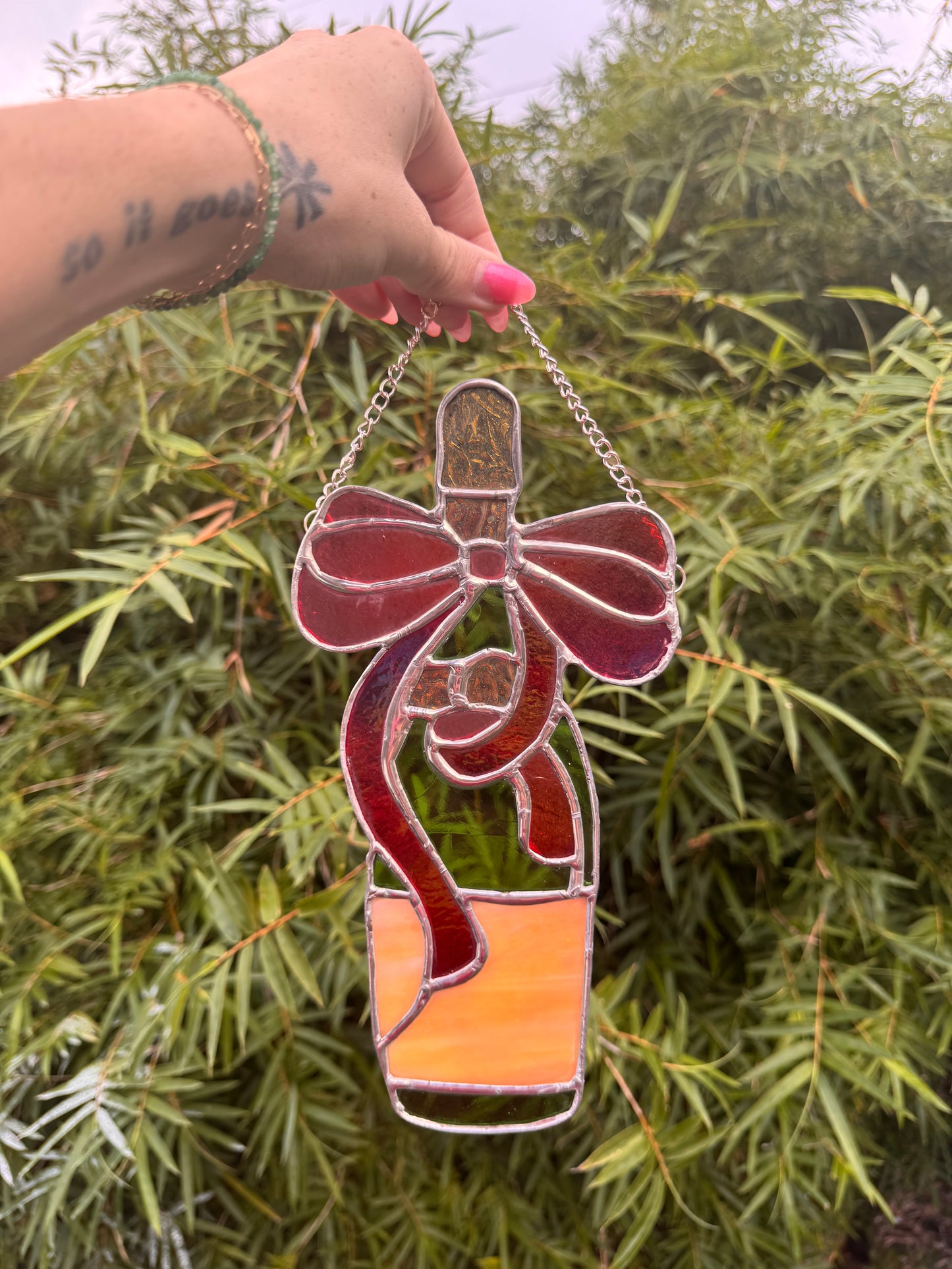 Stained Glass Champagne Bottle with Red Bow and Ribbon Sun Catcher
