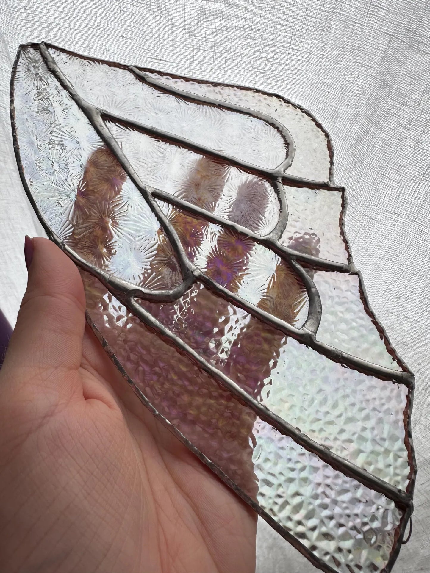 Handmade Stained Glass Iridescent Butterfly Wing Suncatcher with Crystal Prism