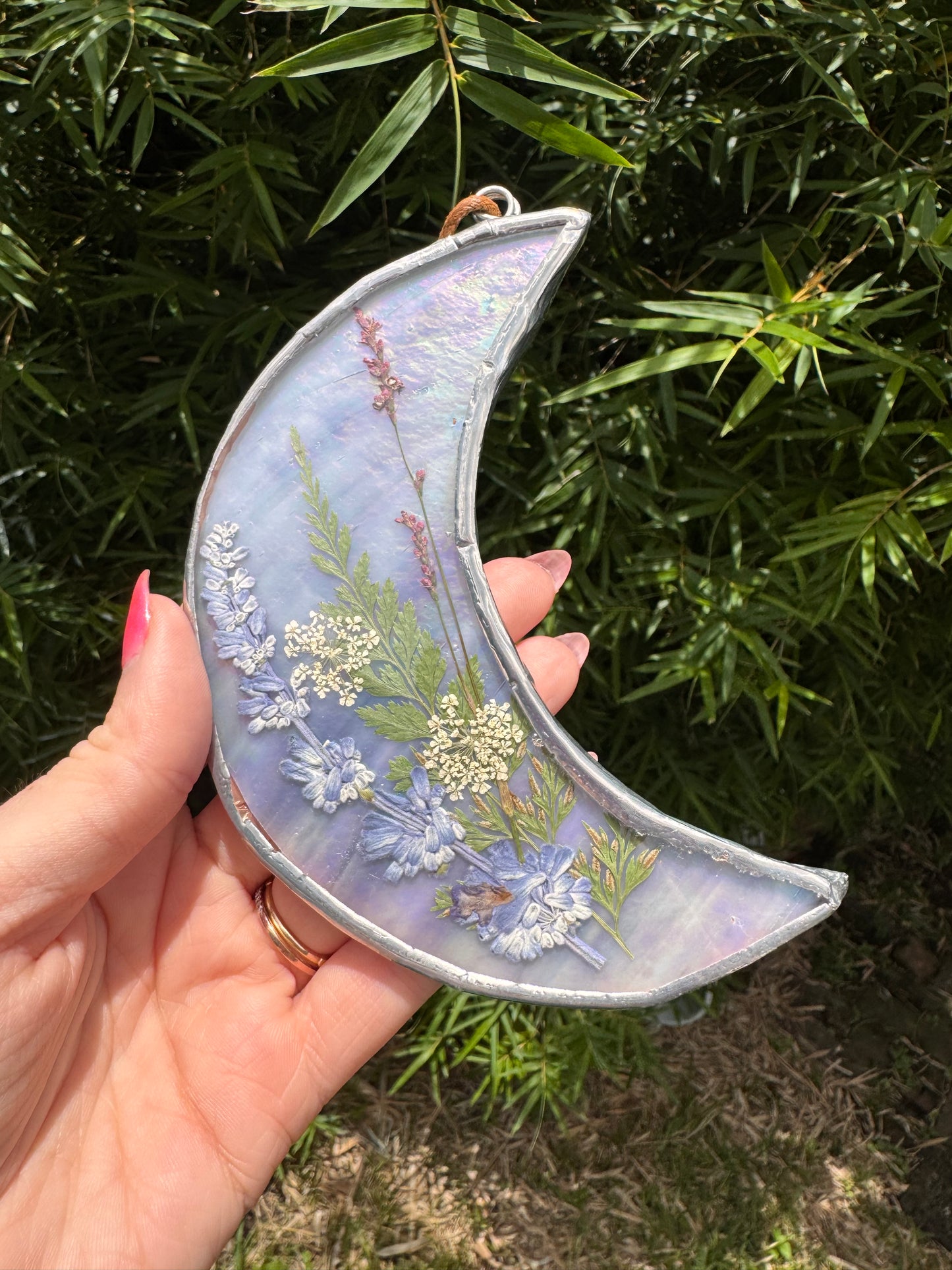 Handmade Clear Iridescent Purple Pressed Flower Moon Stained Glass Sun Catcher – Botanical Suncatcher, Window Decor, Flower Art Gift