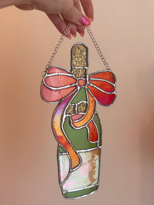 Stained Glass Champagne Bottle with Red Bow and Ribbon Sun Catcher