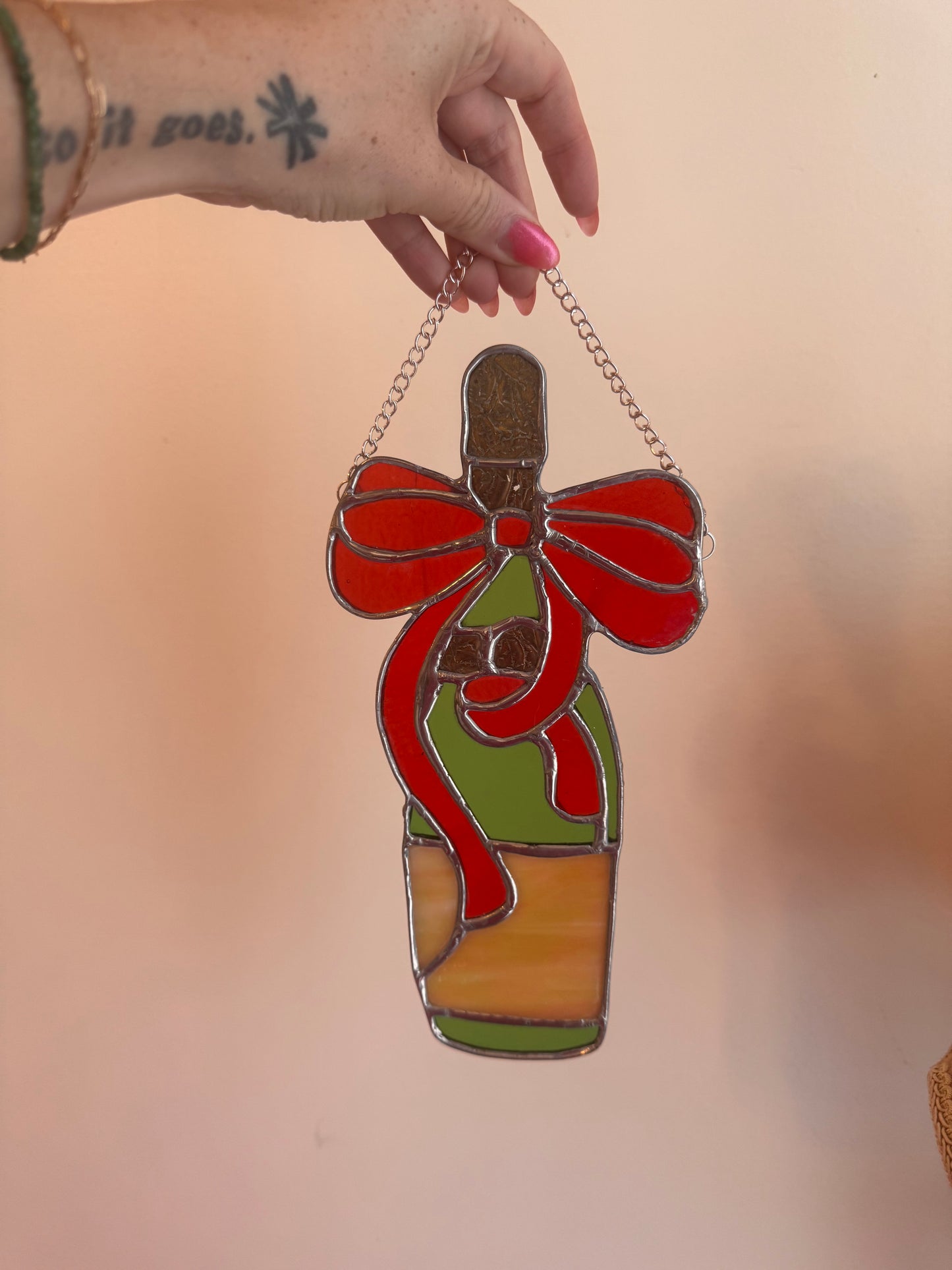 Stained Glass Champagne Bottle with Red Bow and Ribbon Sun Catcher