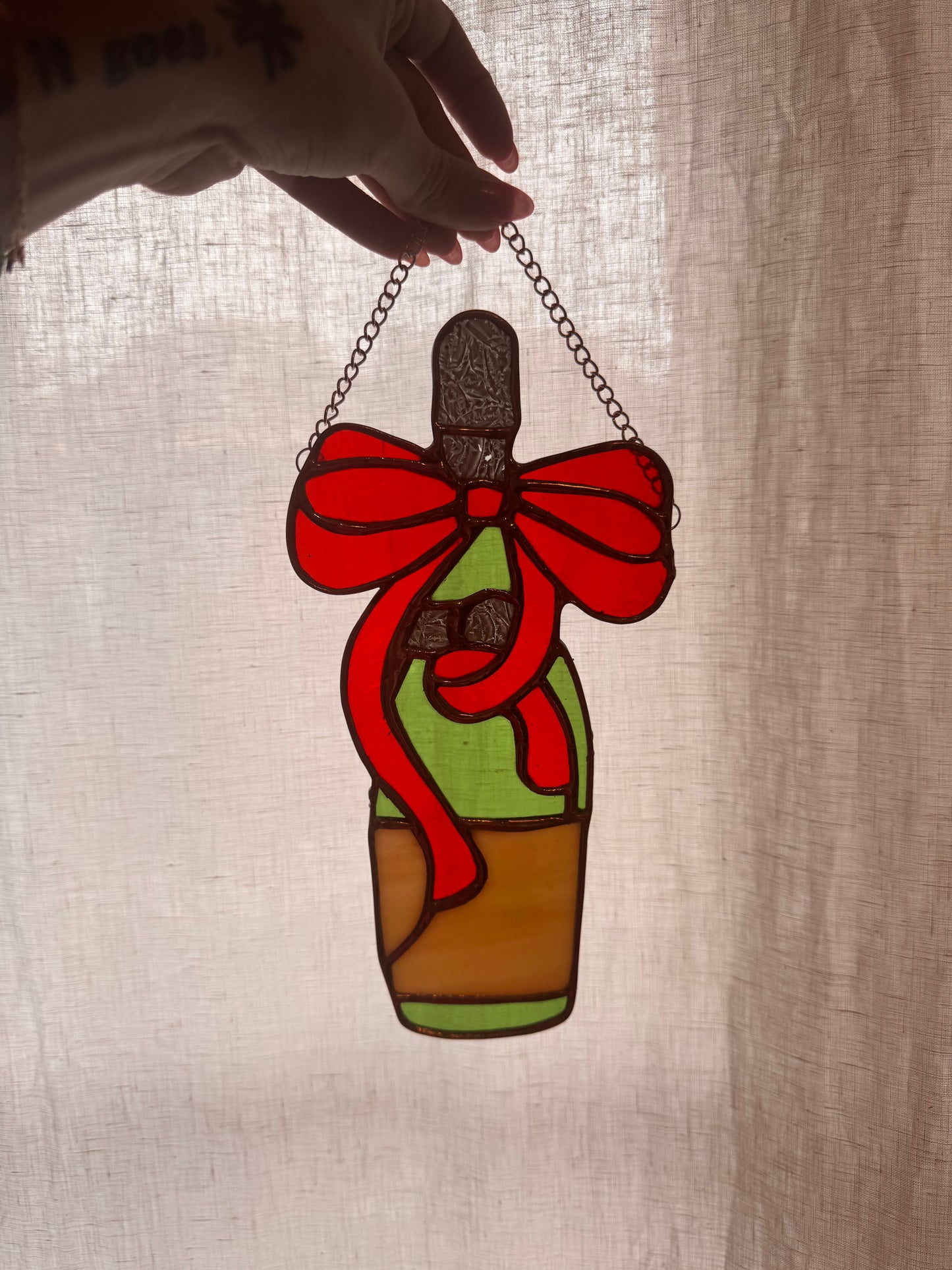 Stained Glass Champagne Bottle with Red Bow and Ribbon Sun Catcher