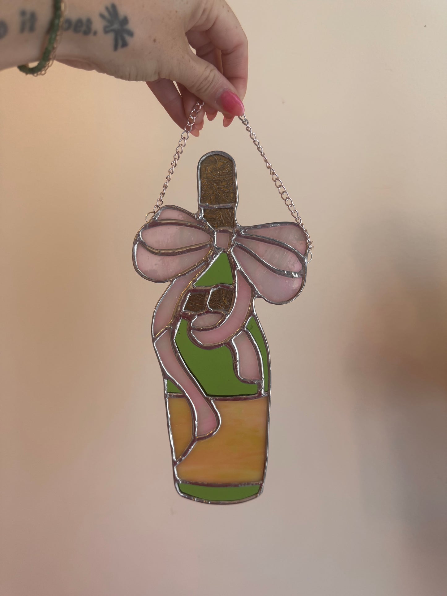 Stained Glass Champagne Bottle with Pink Bow and Ribbon Sun Catcher