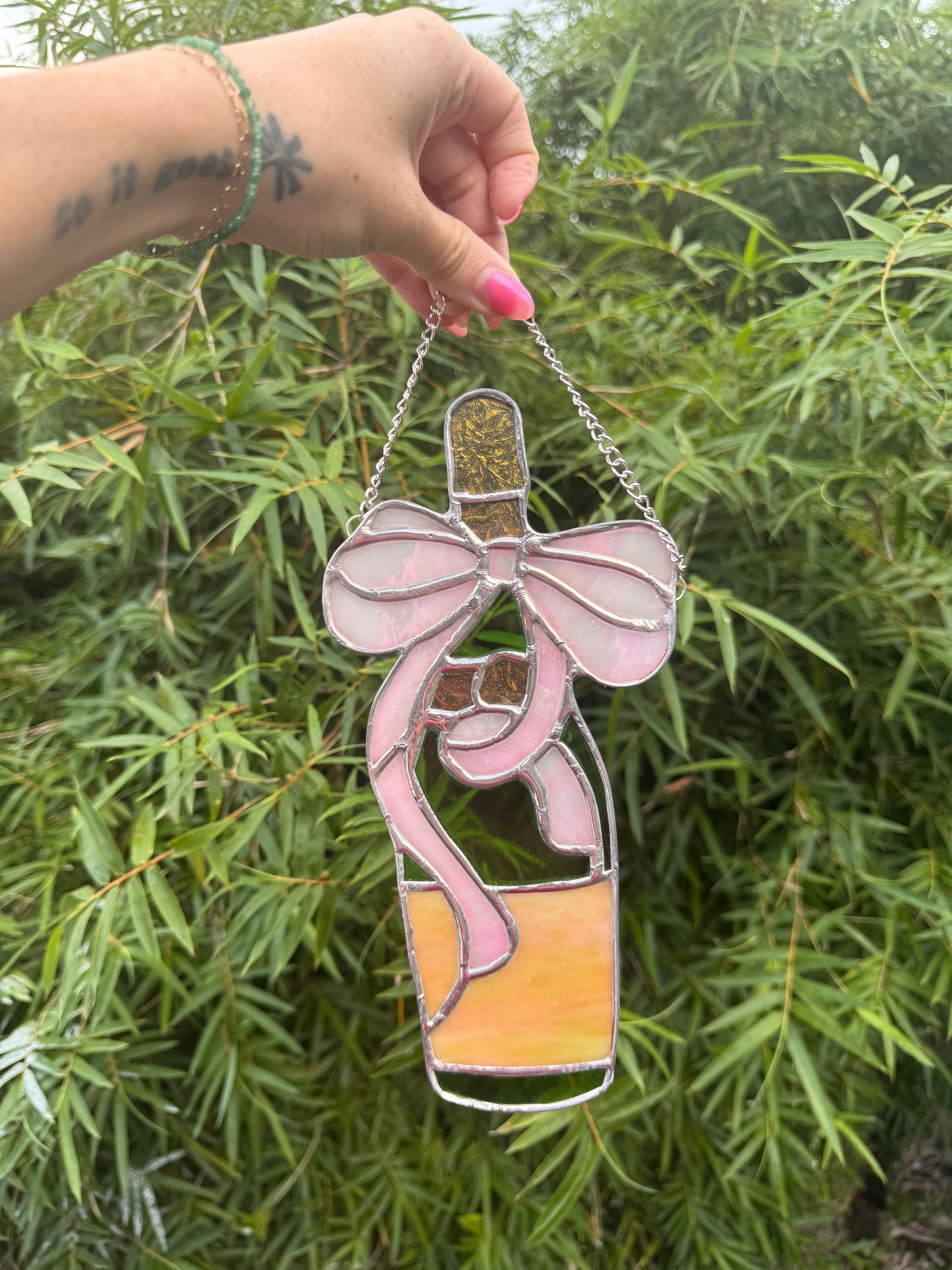 Stained Glass Champagne Bottle with Pink Bow and Ribbon Sun Catcher