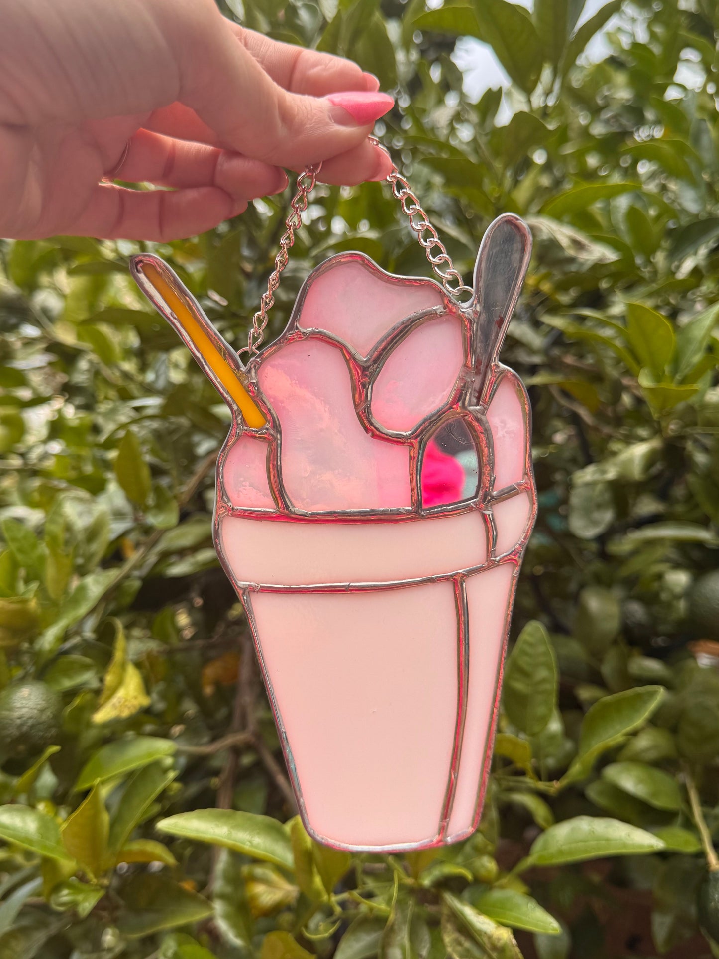 Stained Glass Iridescent Pink SnoBall Sun Catcher,  Handmade Gift, New Orleans, Snow Cone, Snow Ball