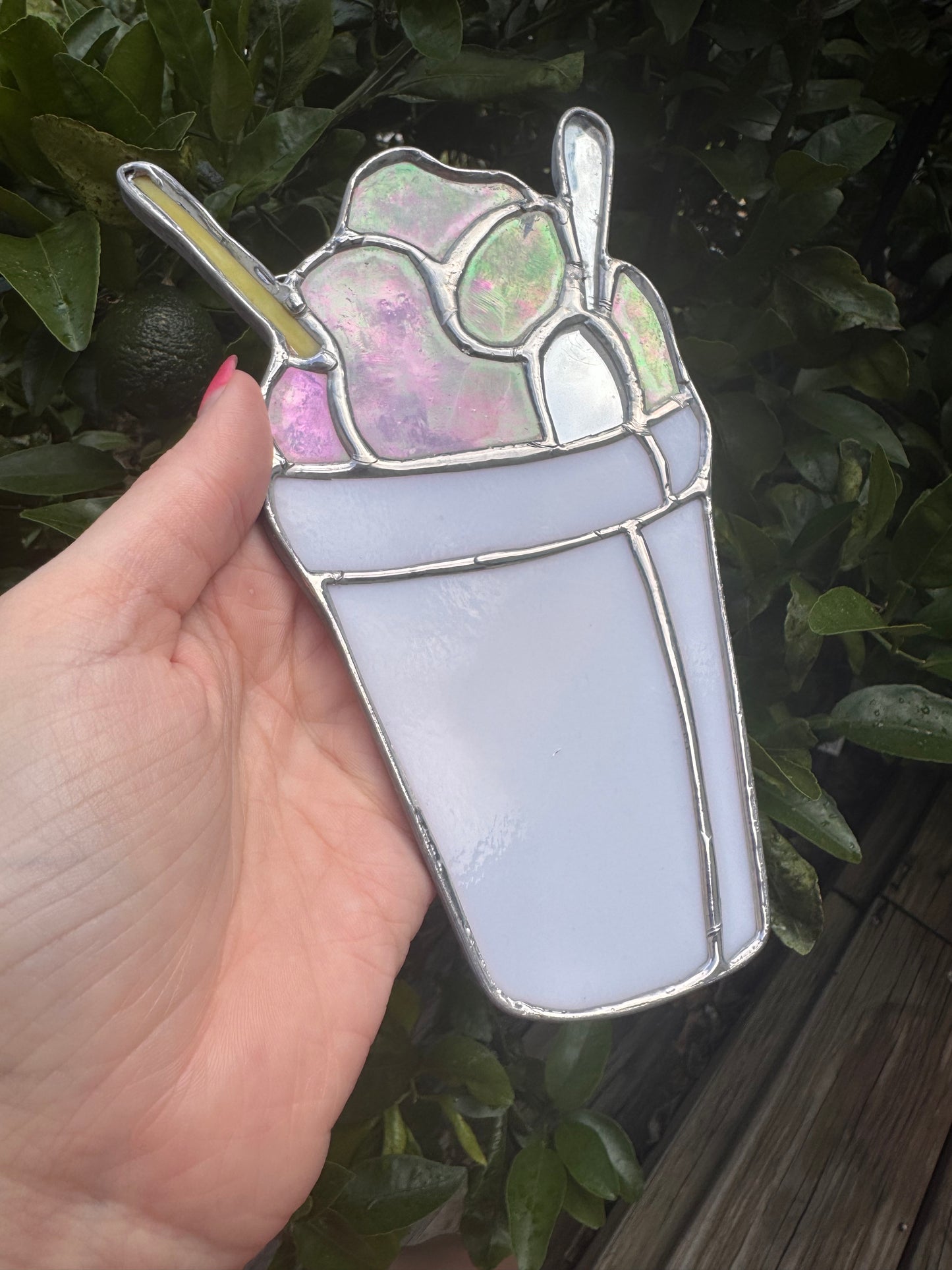 Stained Glass Iridescent Pink SnoBall Sun Catcher,  Handmade Gift, New Orleans, Snow Cone, Snow Ball