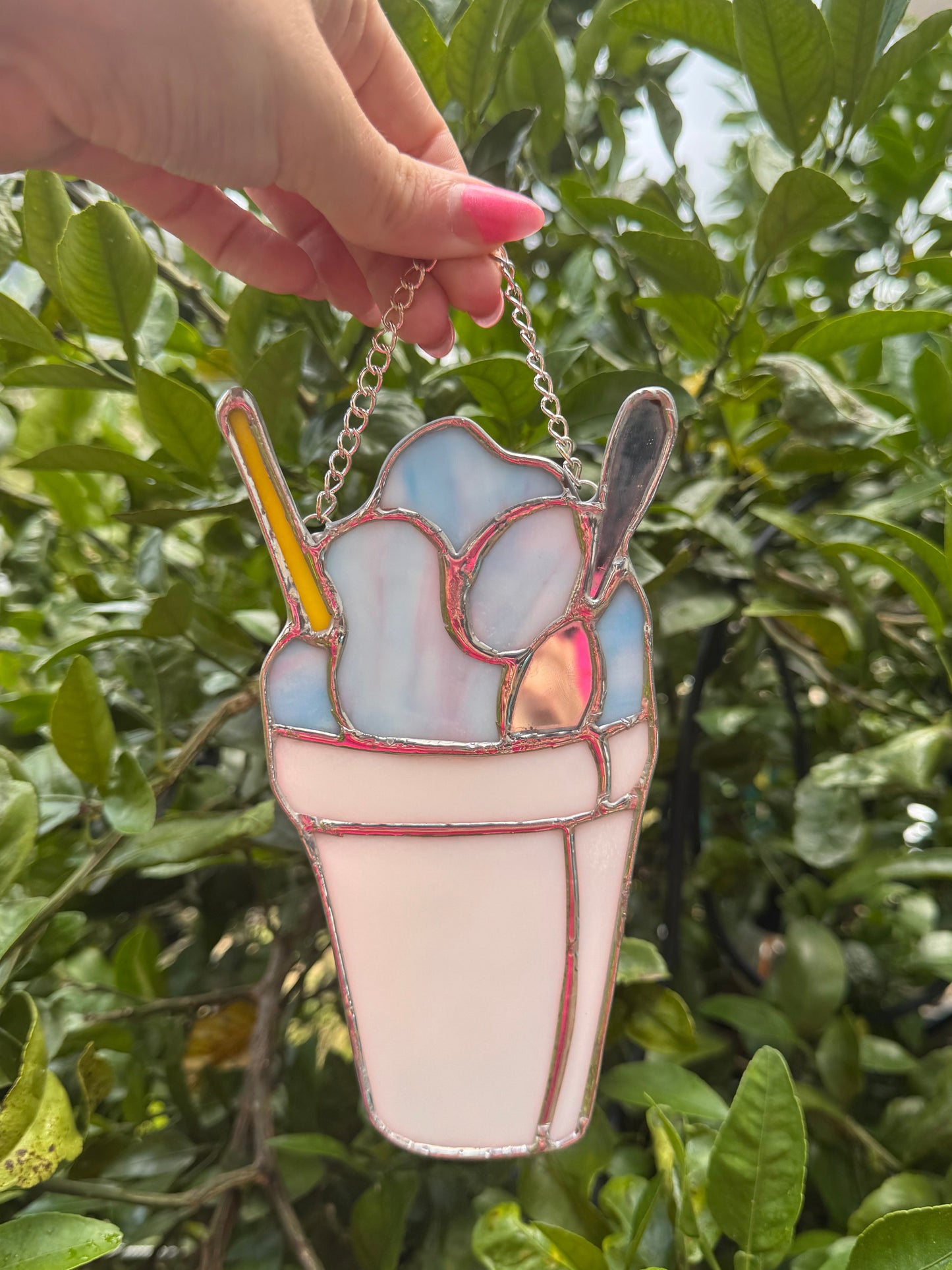 Stained Glass Wispy Blue and Pink SnoBall Sun Catcher,  Handmade Gift, New Orleans, Snow Cone, Snow Ball