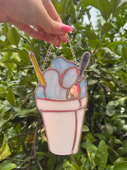 Stained Glass Wispy Blue and Pink SnoBall Sun Catcher,  Handmade Gift, New Orleans, Snow Cone, Snow Ball