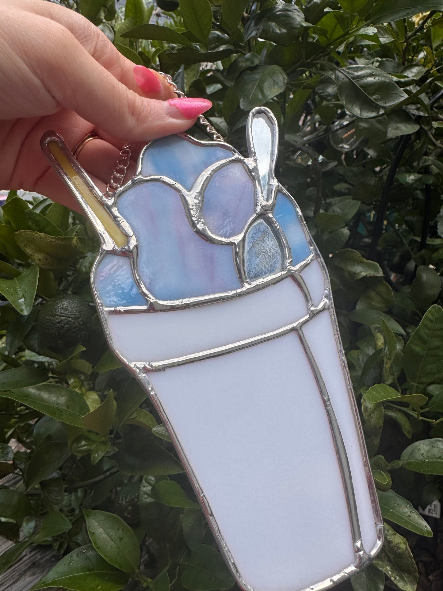 Stained Glass Wispy Blue and Pink SnoBall Sun Catcher,  Handmade Gift, New Orleans, Snow Cone, Snow Ball