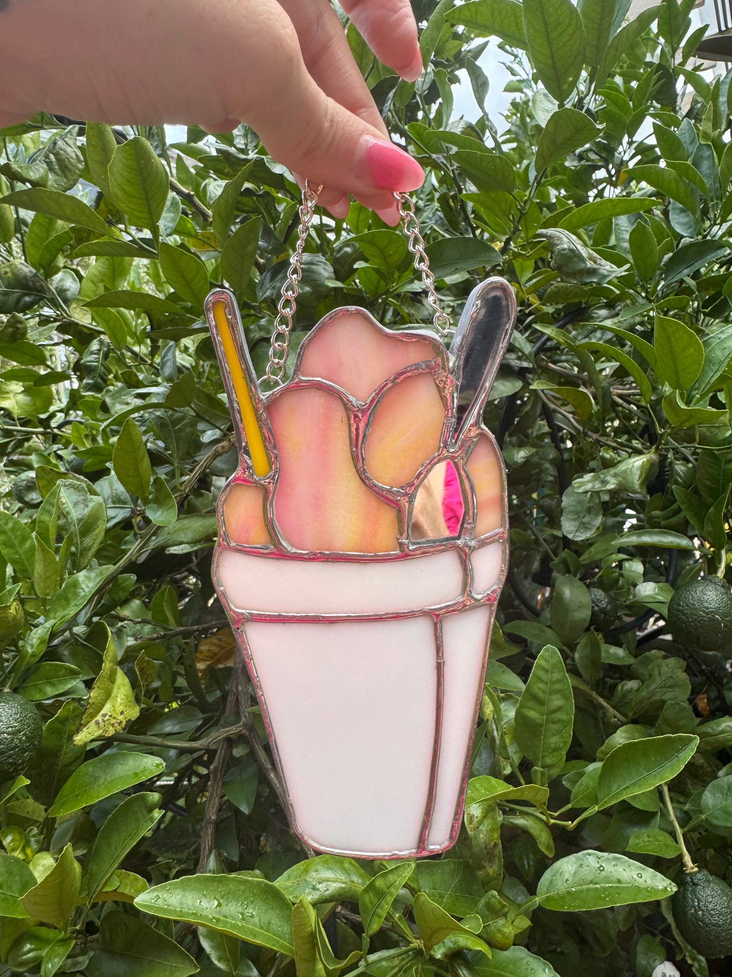 Stained Glass Orange SnoBall Sun Catcher,  Handmade Gift, New Orleans, Snow Cone, Snow Ball