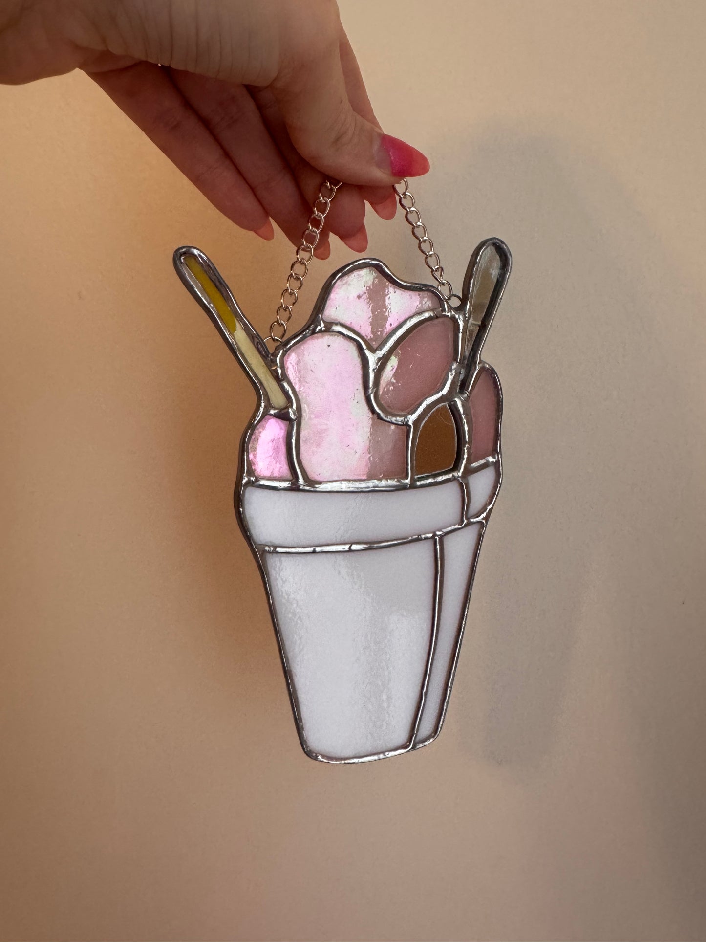 Stained Glass Iridescent Pink SnoBall Sun Catcher,  Handmade Gift, New Orleans, Snow Cone, Snow Ball