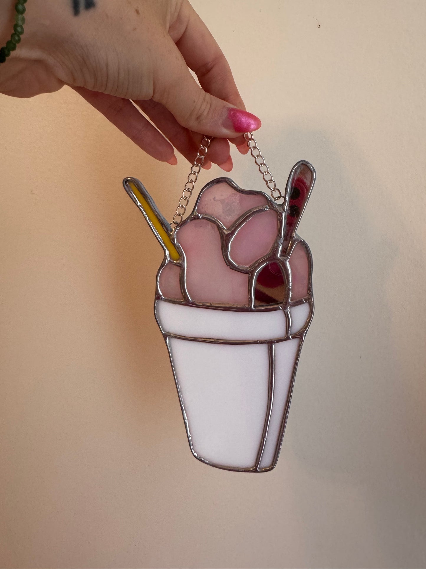 Stained Glass Iridescent Pink SnoBall Sun Catcher,  Handmade Gift, New Orleans, Snow Cone, Snow Ball