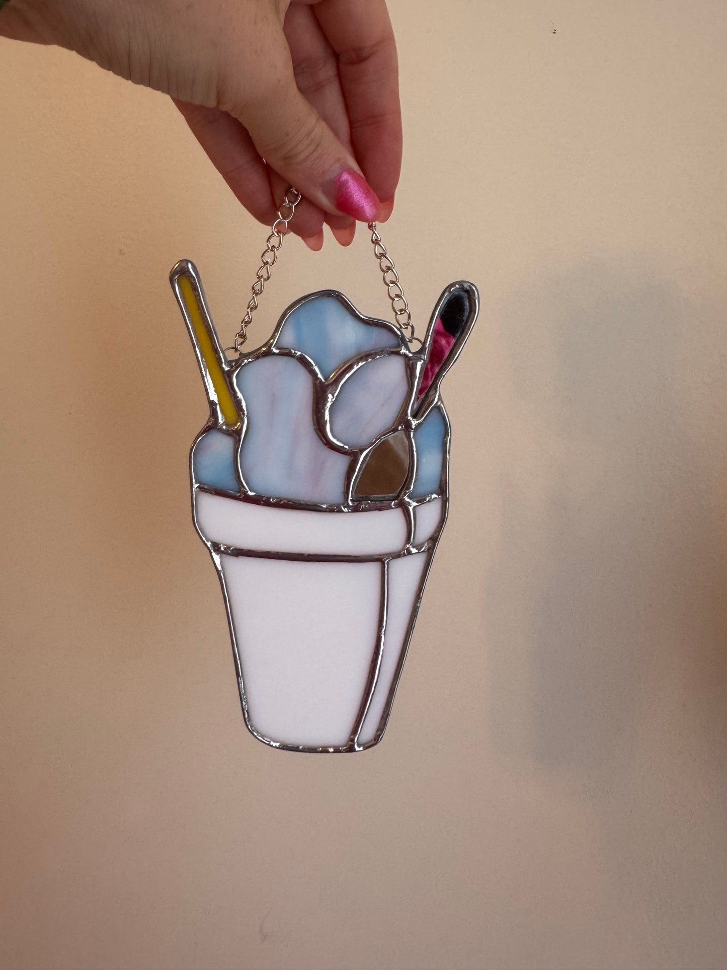 Stained Glass Wispy Blue and Pink SnoBall Sun Catcher,  Handmade Gift, New Orleans, Snow Cone, Snow Ball