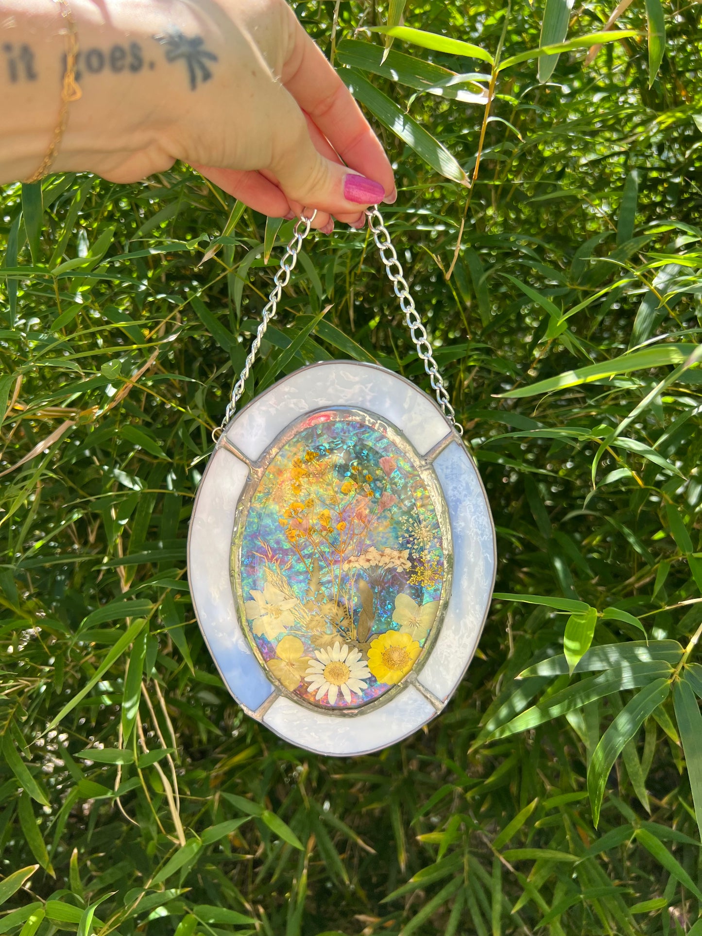 Bevel Sun Catcher with Yellow Pressed Flowers