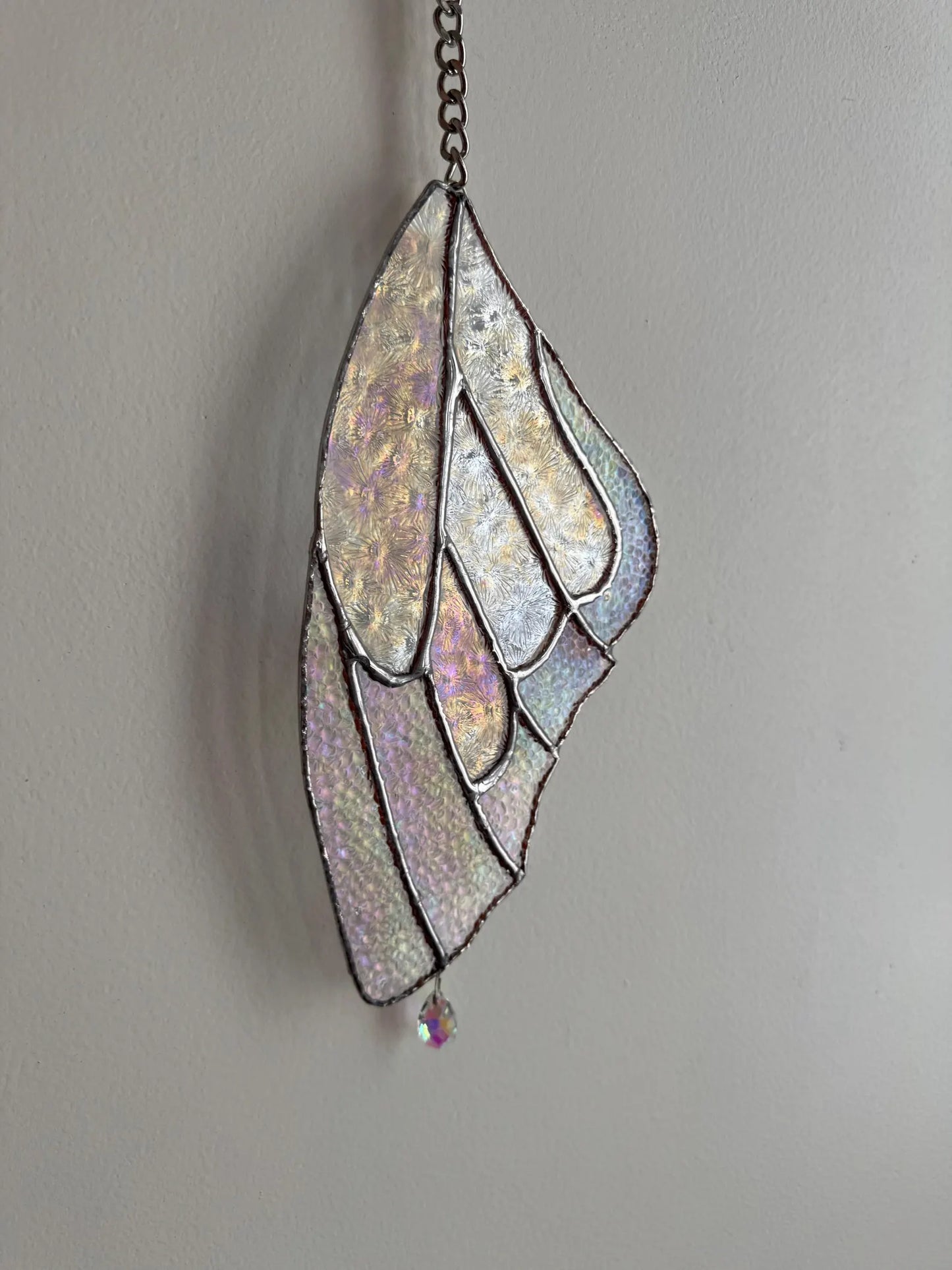 Handmade Stained Glass Iridescent Butterfly Wing Suncatcher with Crystal Prism