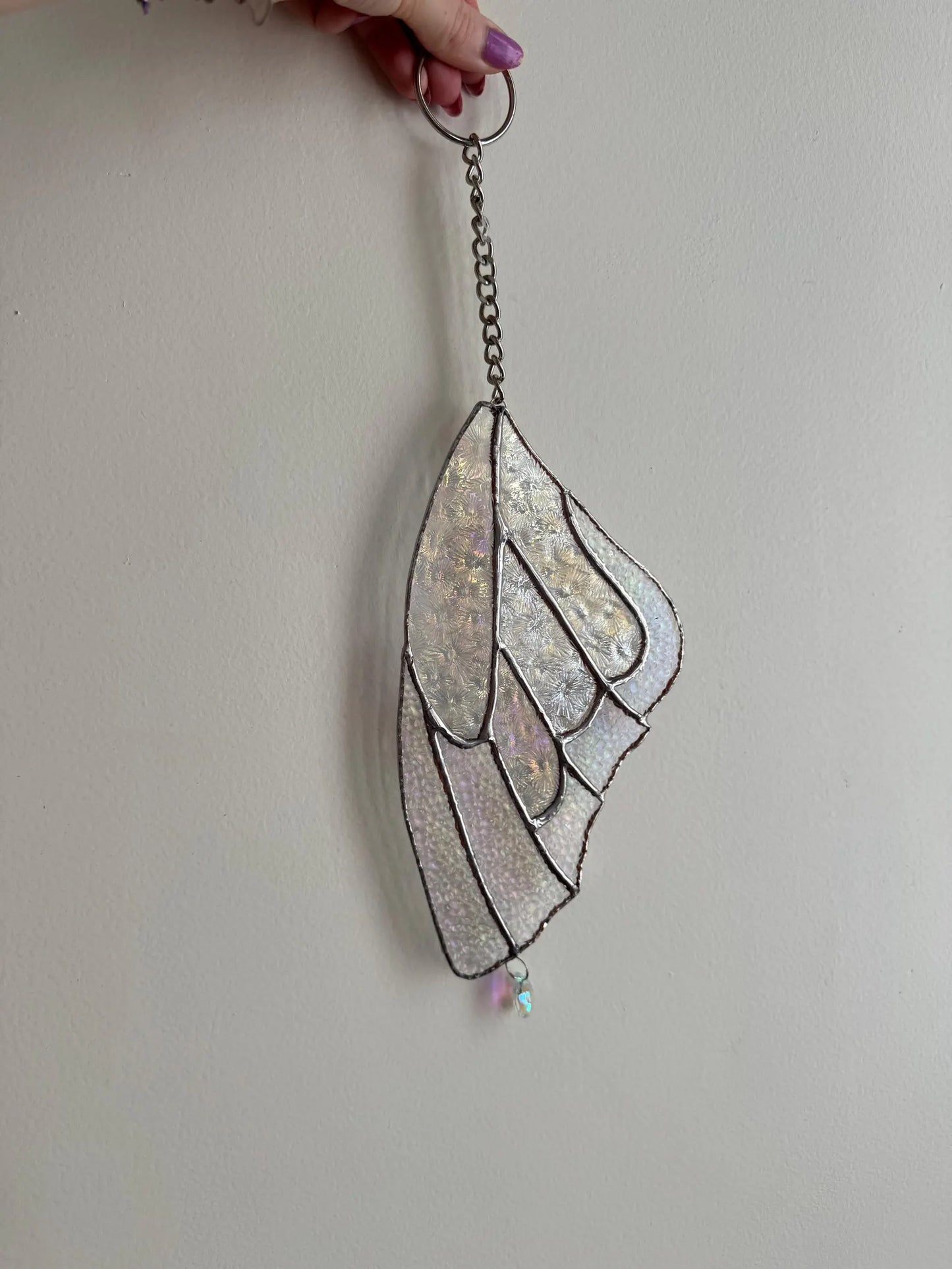 Handmade Stained Glass Iridescent Butterfly Wing Suncatcher with Crystal Prism