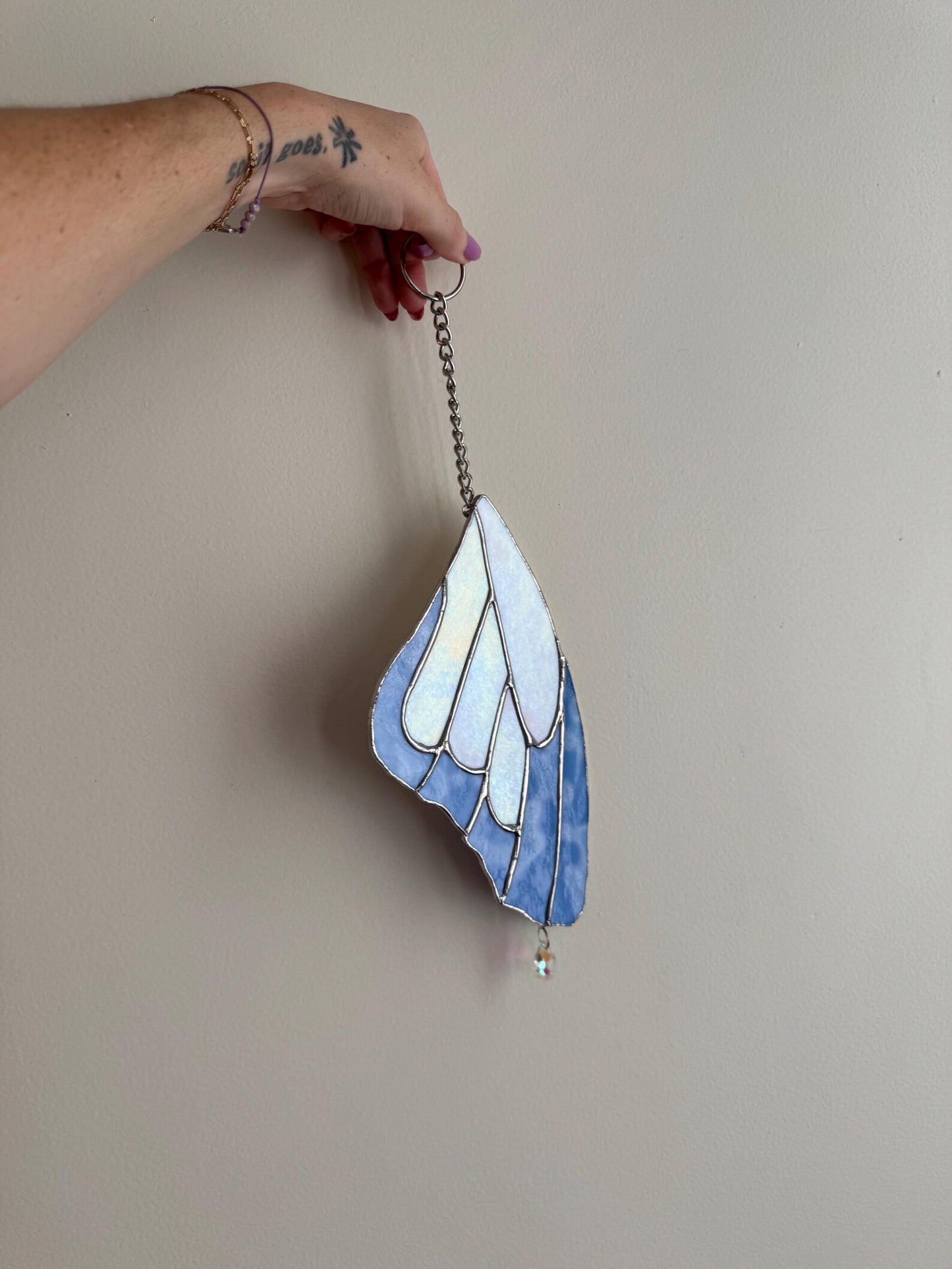 Handmade Stained Glass Blue and White Butterfly Wing Suncatcher with Crystal Prism