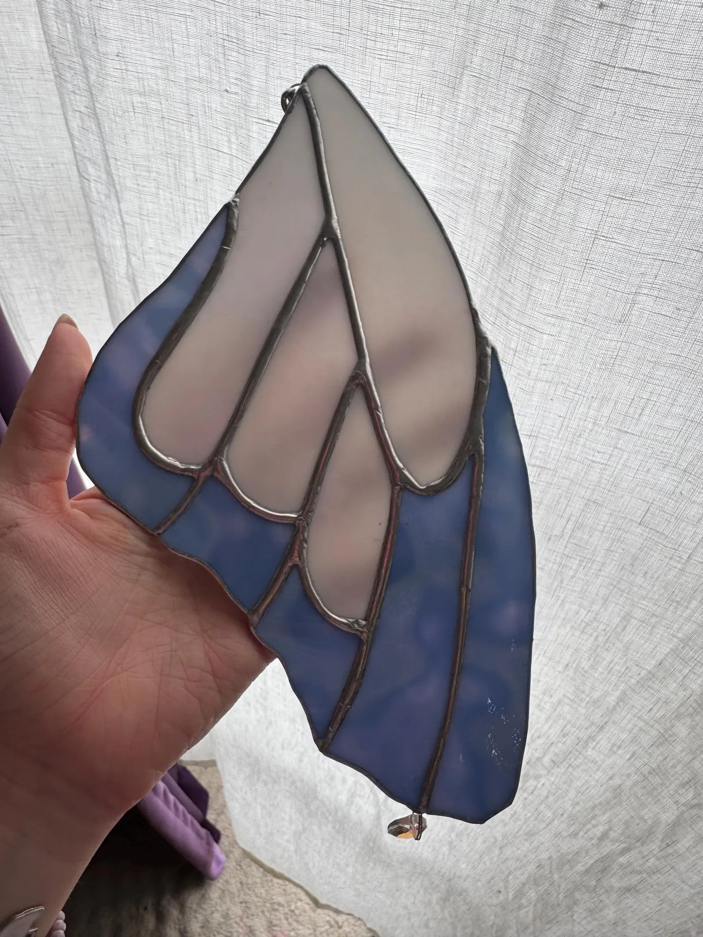 Handmade Stained Glass Blue and White Butterfly Wing Suncatcher with Crystal Prism