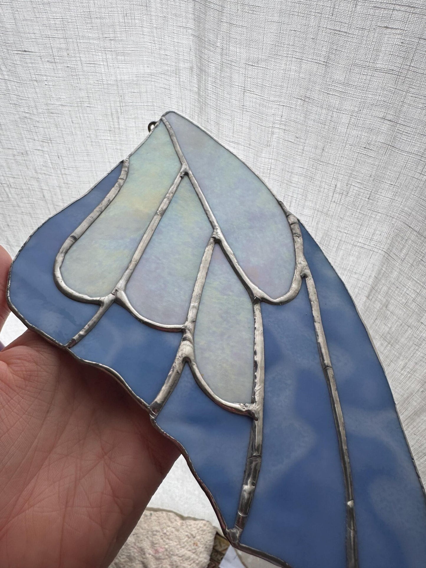 Handmade Stained Glass Blue and White Butterfly Wing Suncatcher with Crystal Prism