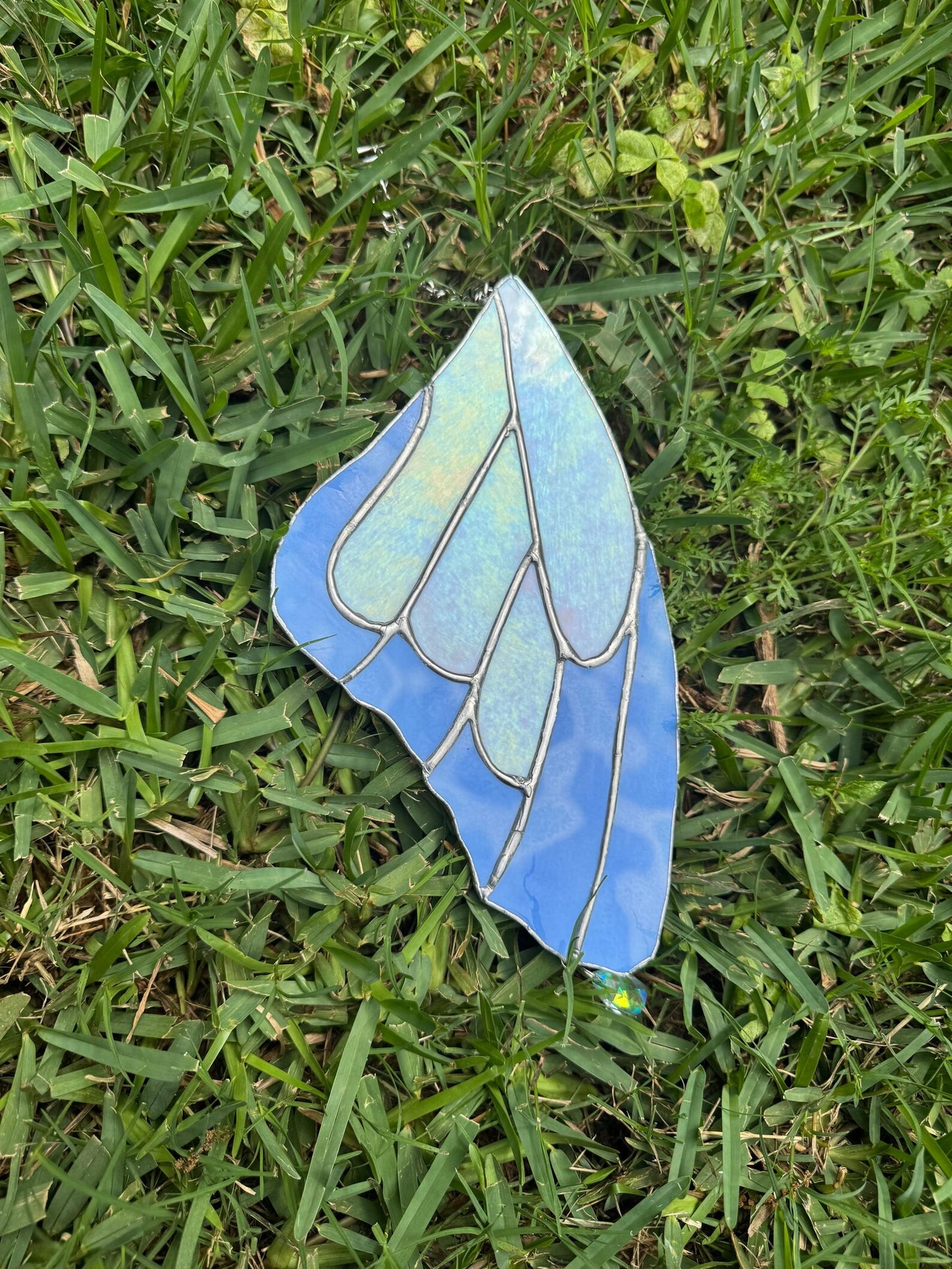Handmade Stained Glass Blue and White Butterfly Wing Suncatcher with Crystal Prism