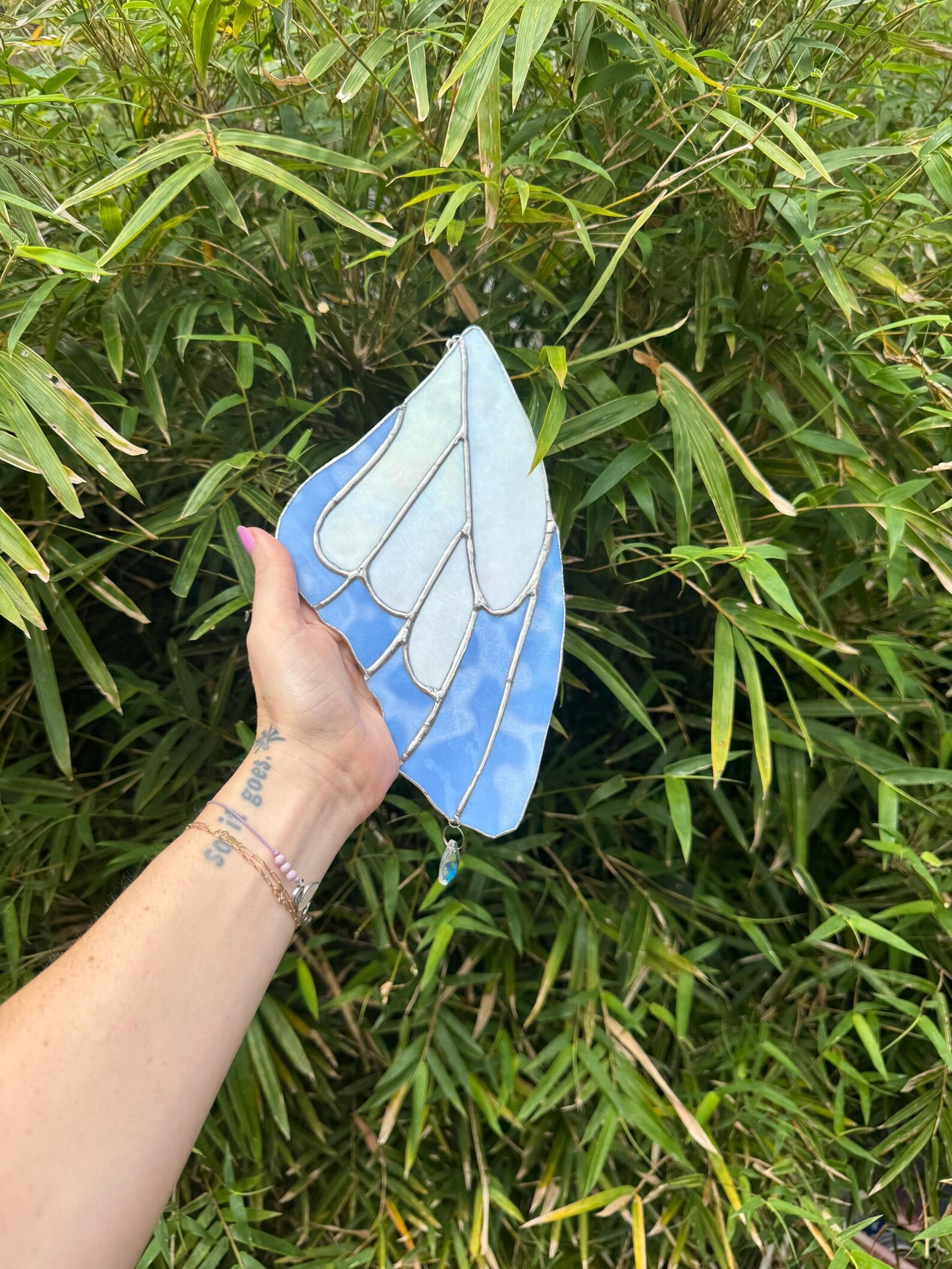 Handmade Stained Glass Blue and White Butterfly Wing Suncatcher with Crystal Prism
