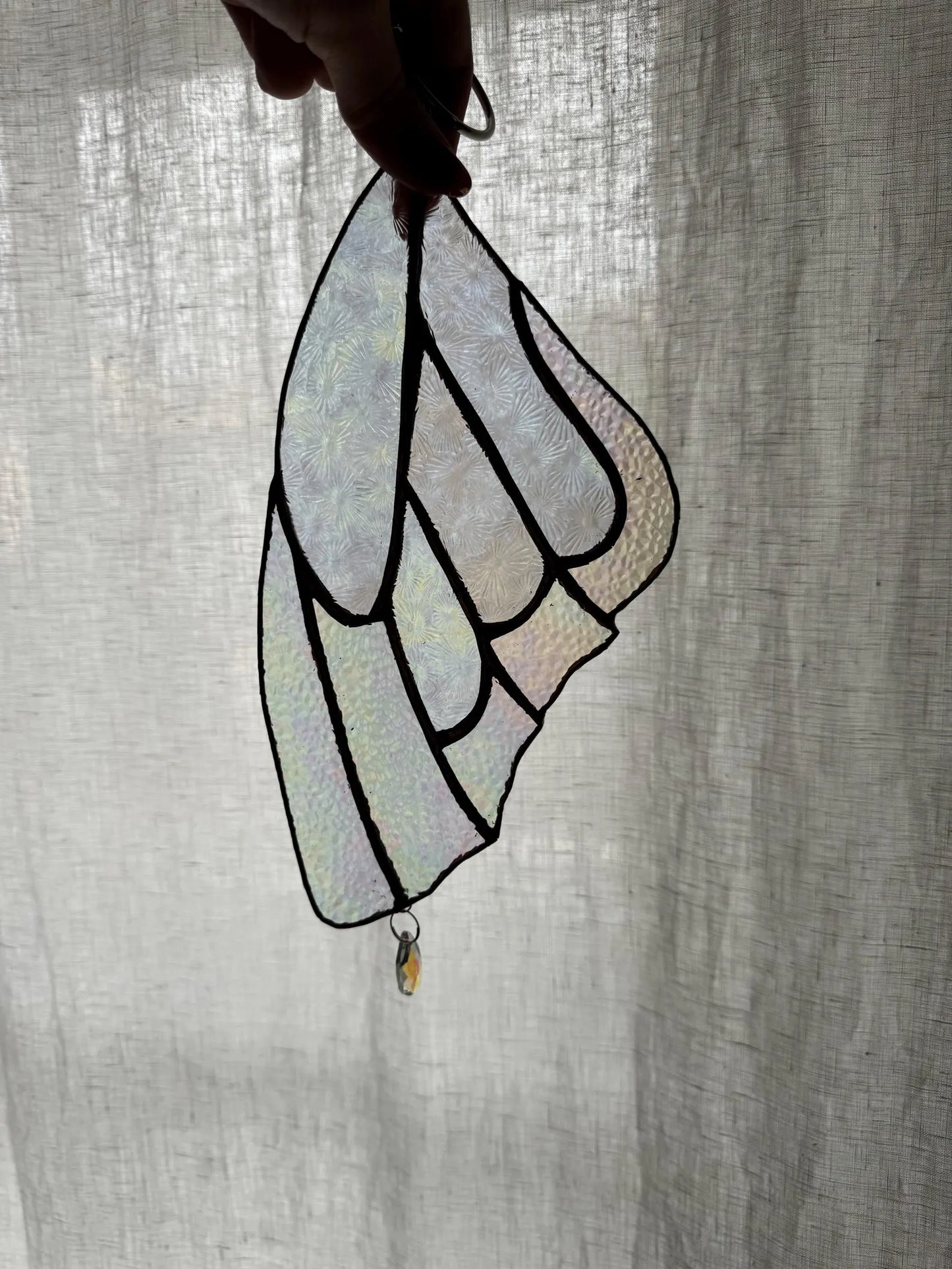Handmade Stained Glass Iridescent Butterfly Wing Suncatcher with Crystal Prism