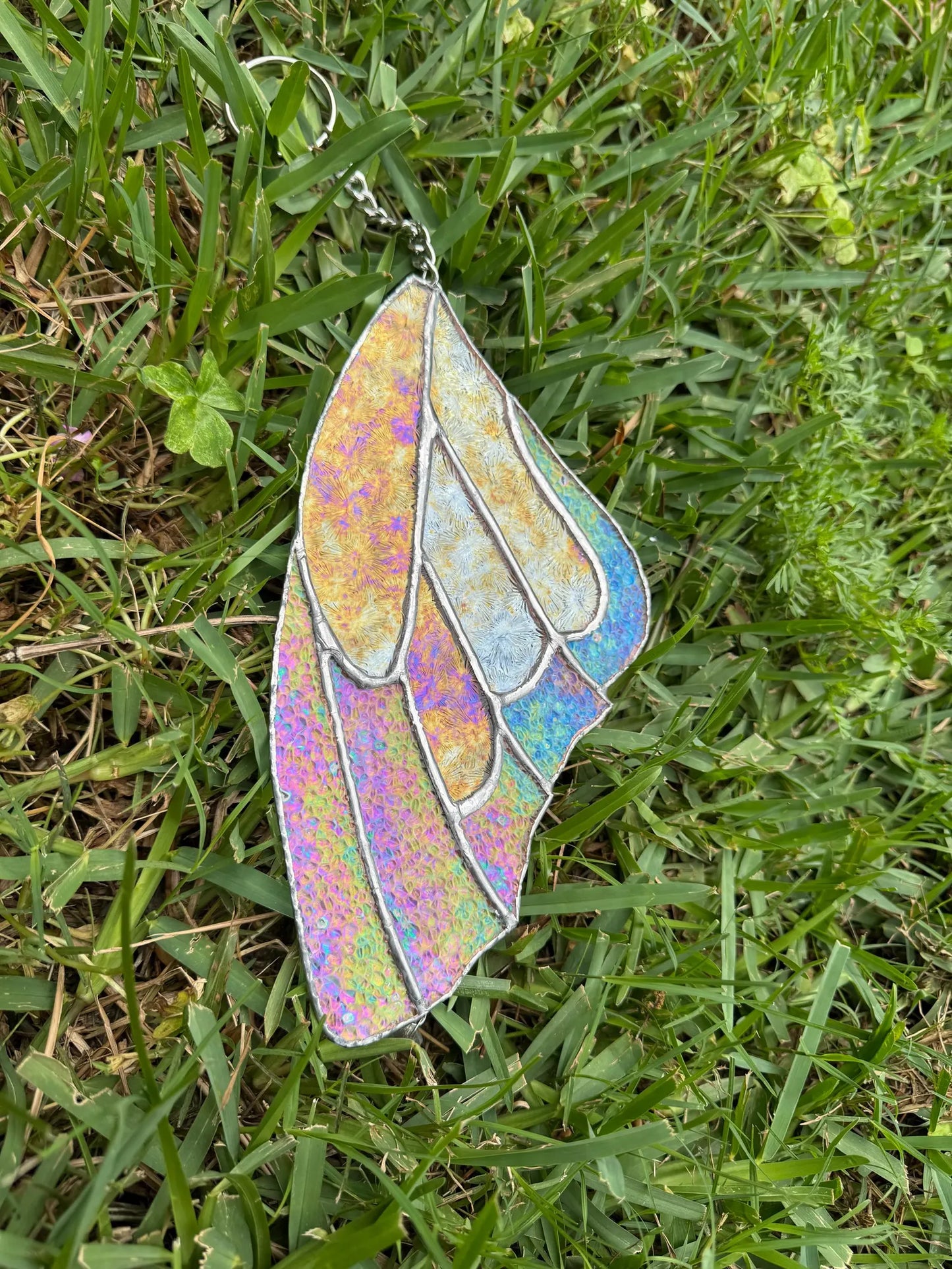 Handmade Stained Glass Iridescent Butterfly Wing Suncatcher with Crystal Prism