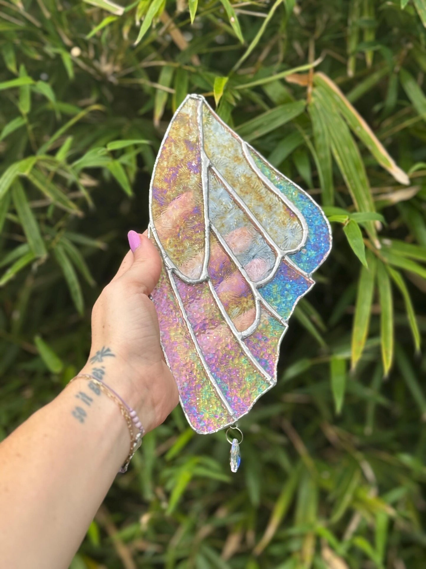 Handmade Stained Glass Iridescent Butterfly Wing Suncatcher with Crystal Prism