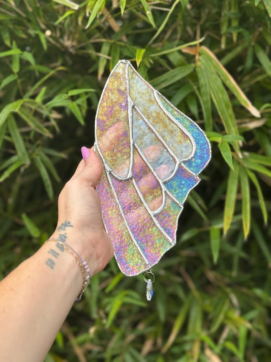 Handmade Stained Glass Iridescent Butterfly Wing Suncatcher with Crystal Prism