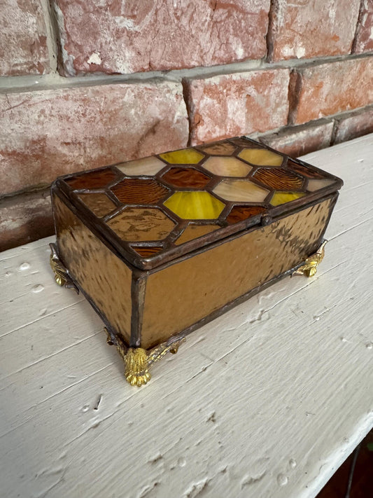Handmade Stained Glass Honeycomb Bee Jewelry Box – Amber Glass Box, Bee Gift, Honeycomb Decor, Paw Foot