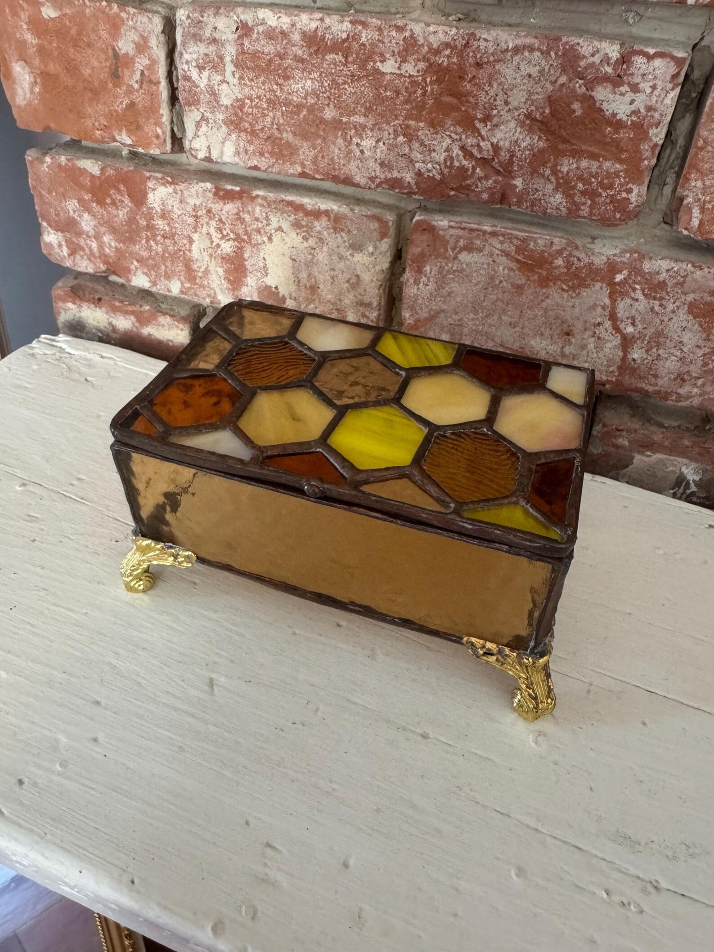 Handmade Stained Glass Honeycomb Bee Jewelry Box – Amber Glass Box, Bee Gift, Honeycomb Decor, Scroll Foot