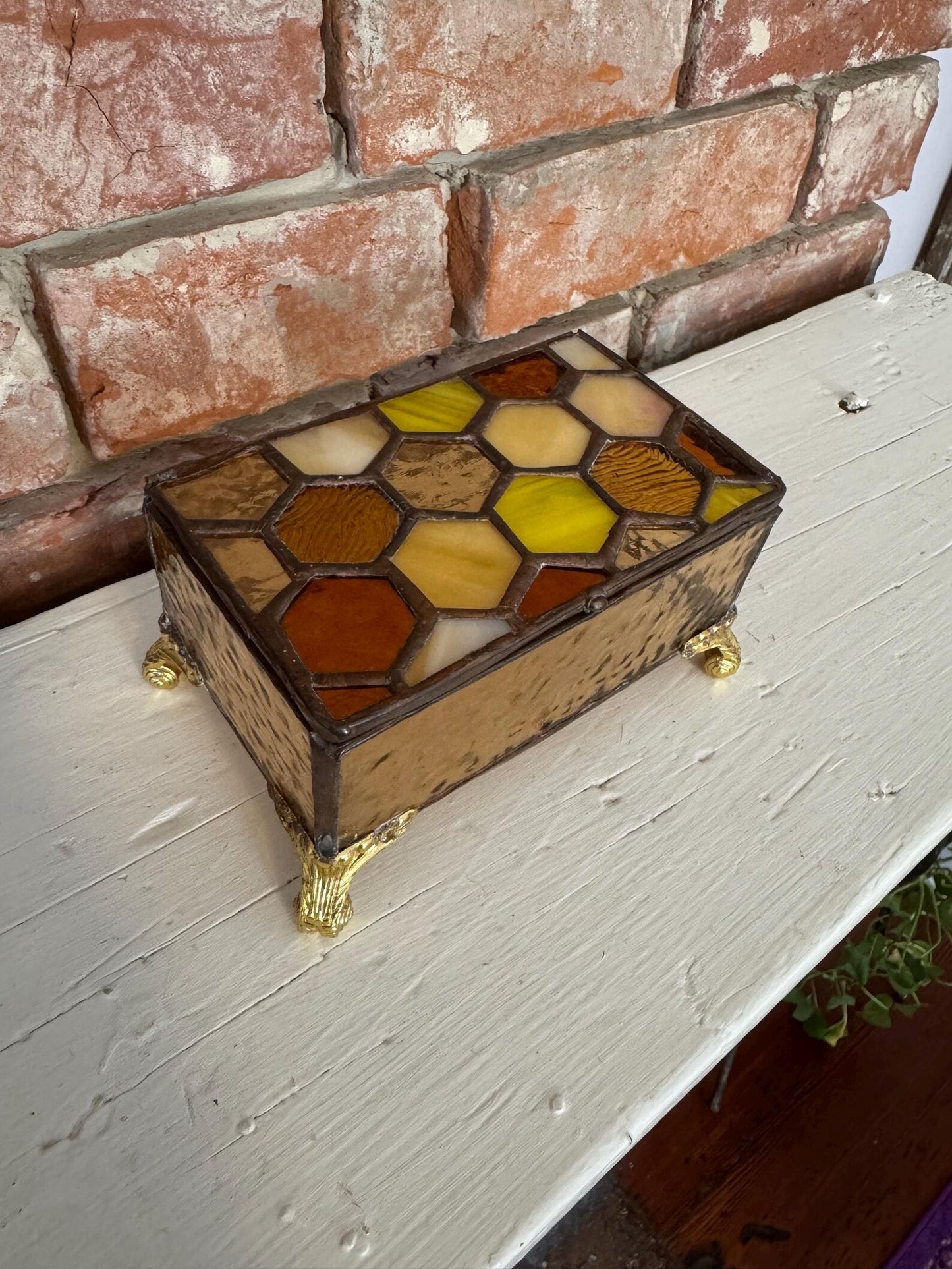 Handmade Stained Glass Honeycomb Bee Jewelry Box – Amber Glass Box, Bee Gift, Honeycomb Decor, Scroll Foot